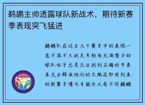 鹈鹕主帅透露球队新战术，期待新赛季表现突飞猛进